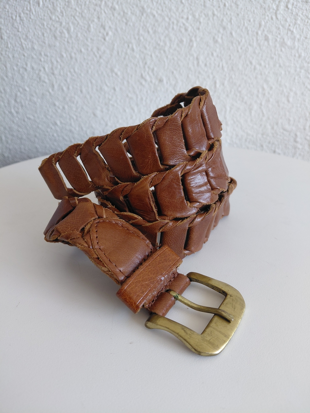 Women's Belt Medium Brown Leather Open Weave Gold Buckle Casual Jeans Ladies